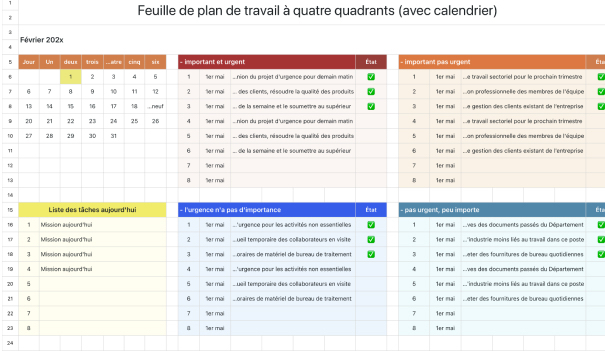 Feuille de plan de travail à quatre quadrants (avec calendrier)